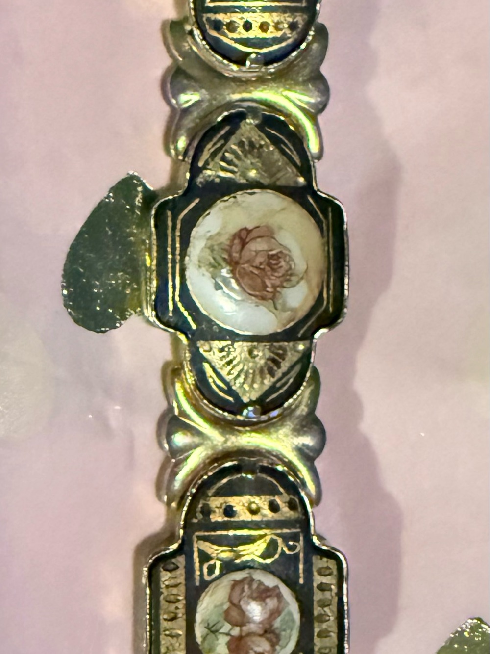 Vintage Gold-Tone Bracelet with Floral Porcelain Medallions